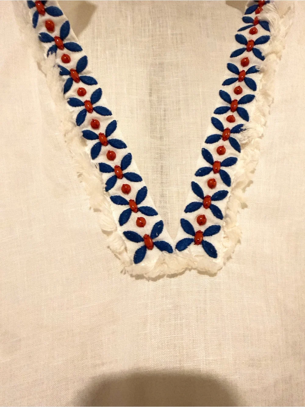 Tory Burch White Tunic with Blue Leaf & Red Dot Embroidery